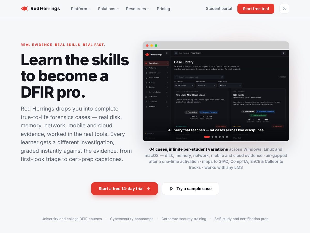 Landing-page snapshot of redherrings.app