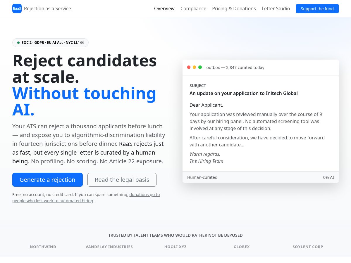 Landing-page snapshot of rejectionasaservice.online