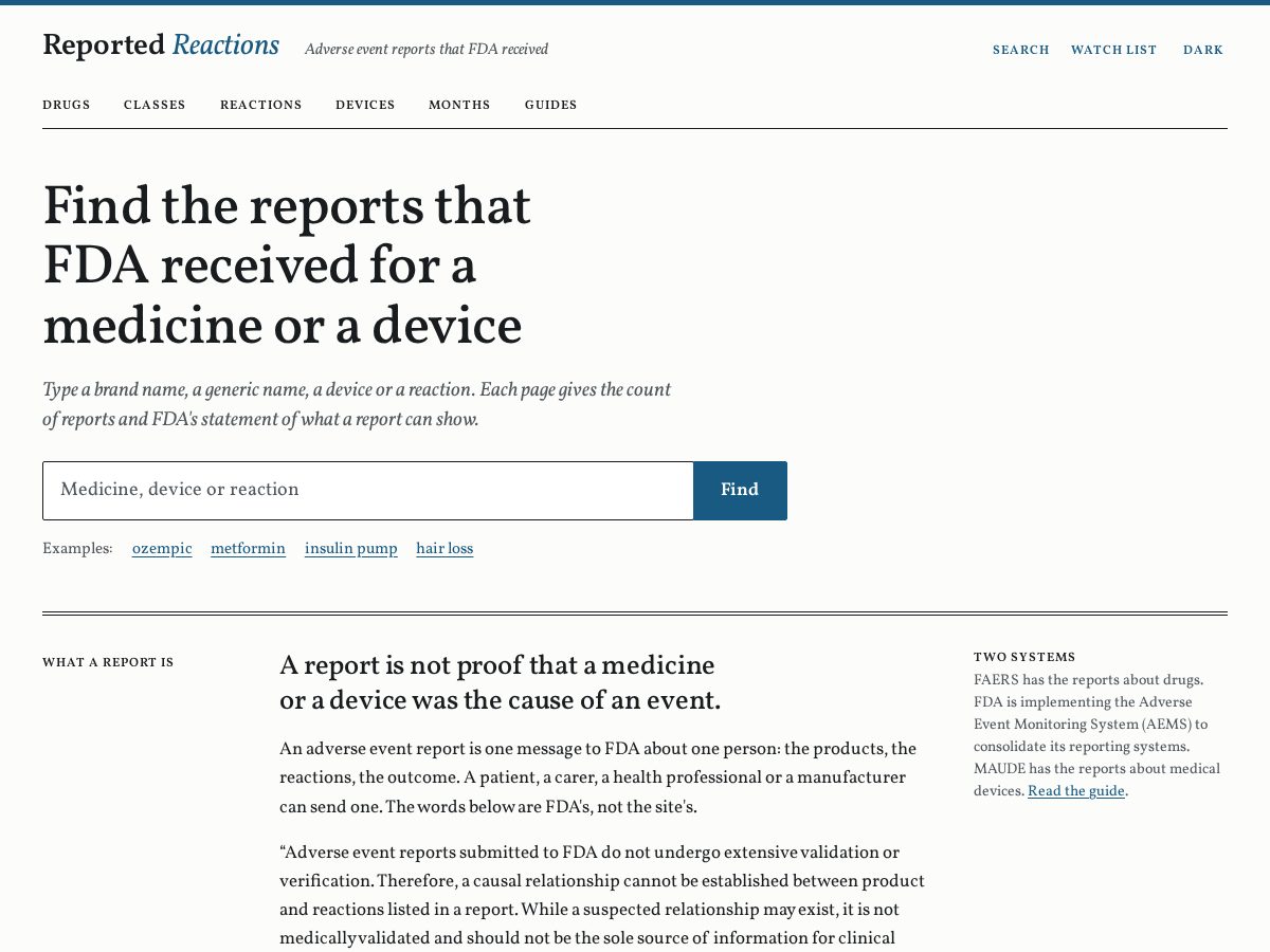 Landing-page snapshot of reportedreactions.com