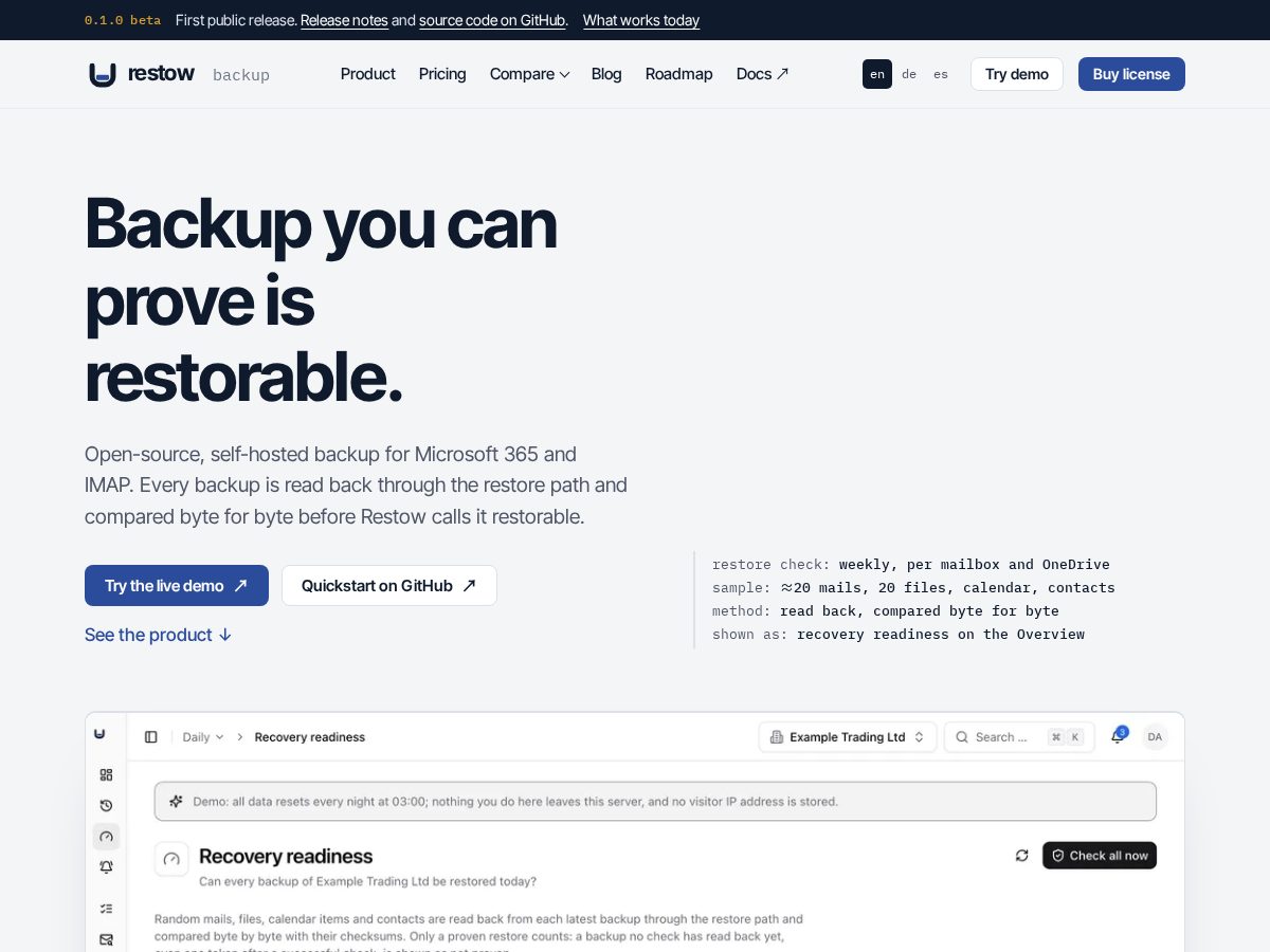 Landing-page snapshot of restowbackup.com