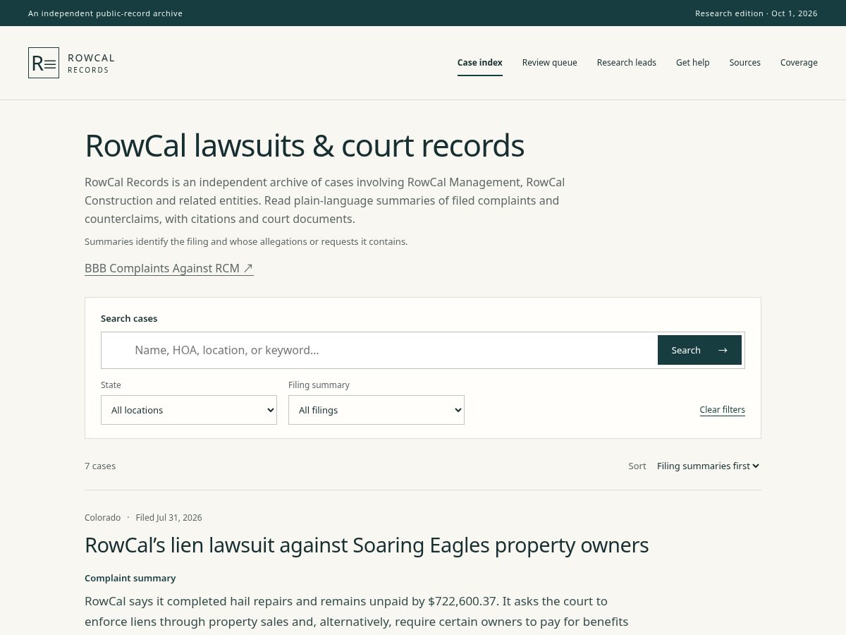 Landing-page snapshot of rowcalrecords.org