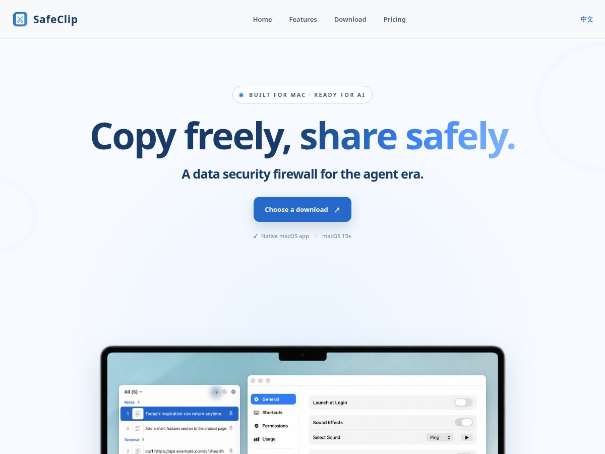 Landing-page snapshot of safeclip.app