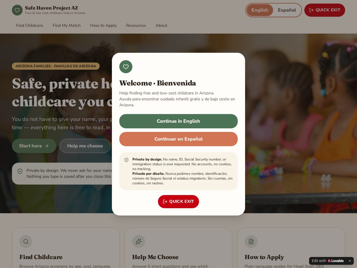 Landing-page snapshot of safehavenprojectaz.com