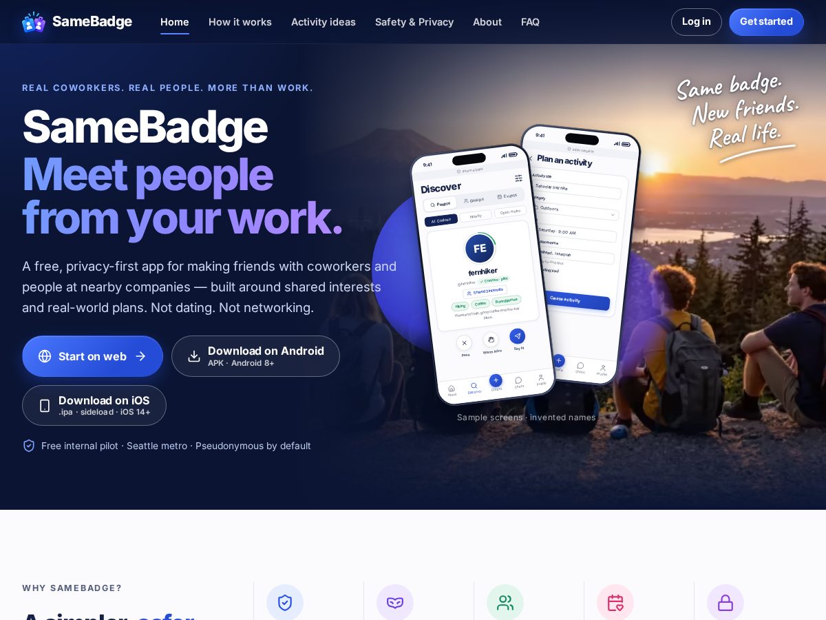 Landing-page snapshot of samebadge.com