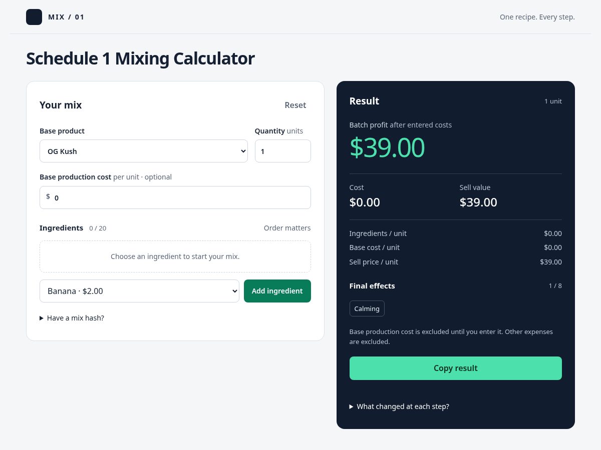 Landing-page snapshot of schedule1mixingtool.com