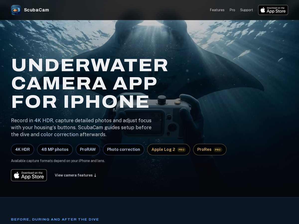 Landing-page snapshot of scubacam.app