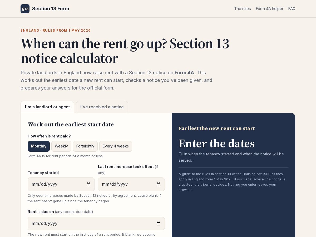Landing-page snapshot of section13form.com