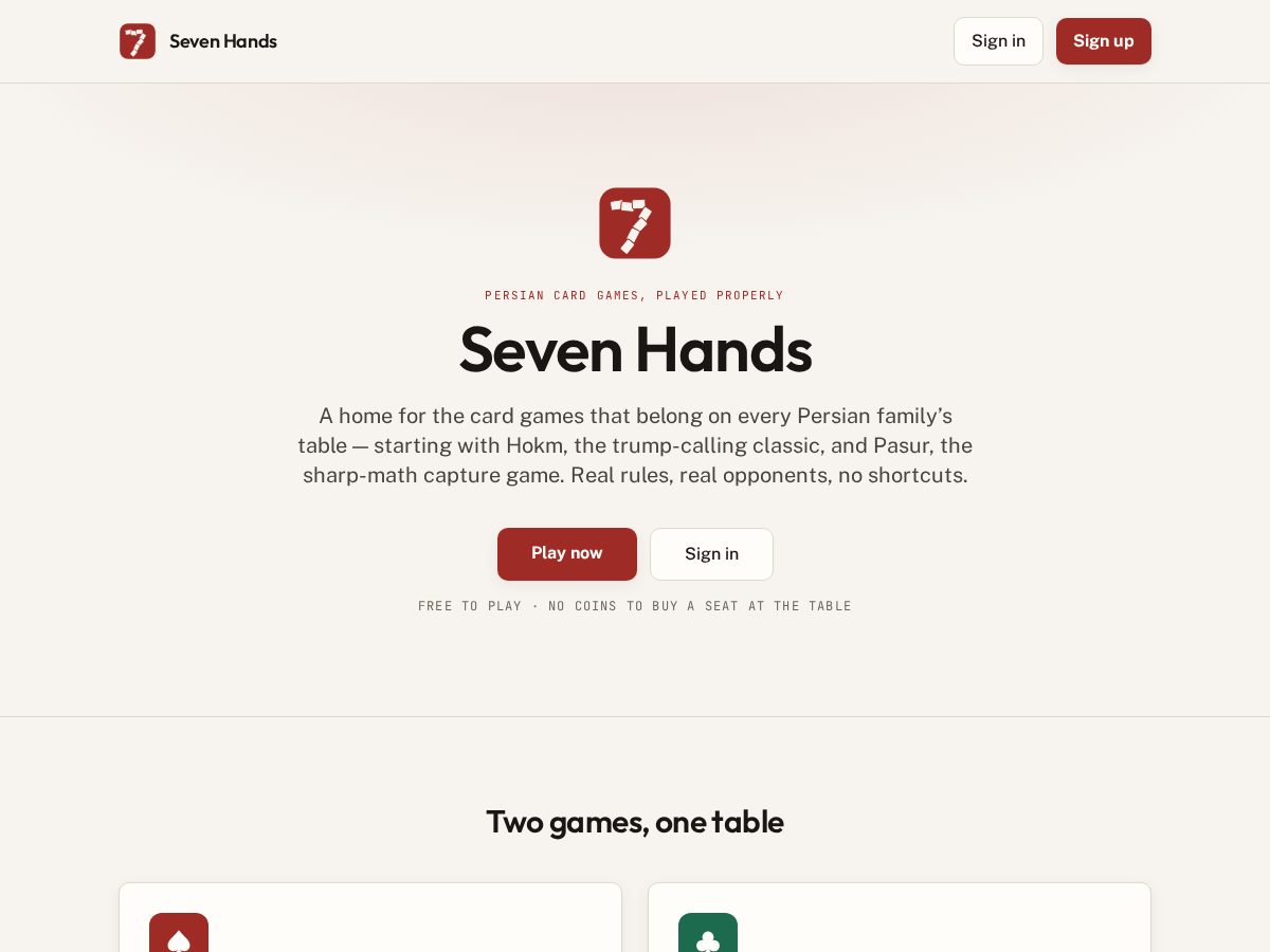 Landing-page snapshot of sevenhands.games