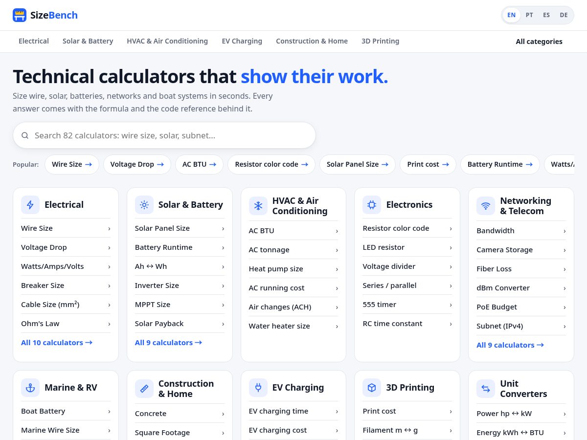 Landing-page snapshot of sizebench.com