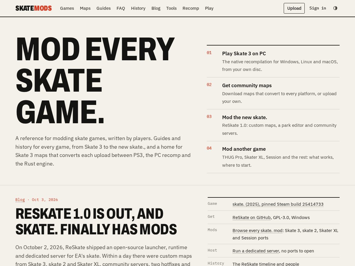 Landing-page snapshot of skatemods.com