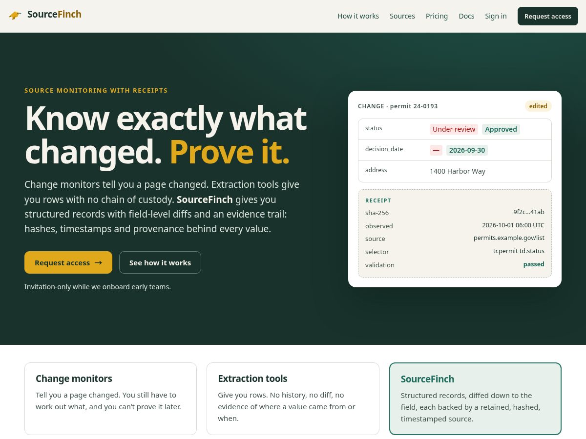 Landing-page snapshot of sourcefinch.com