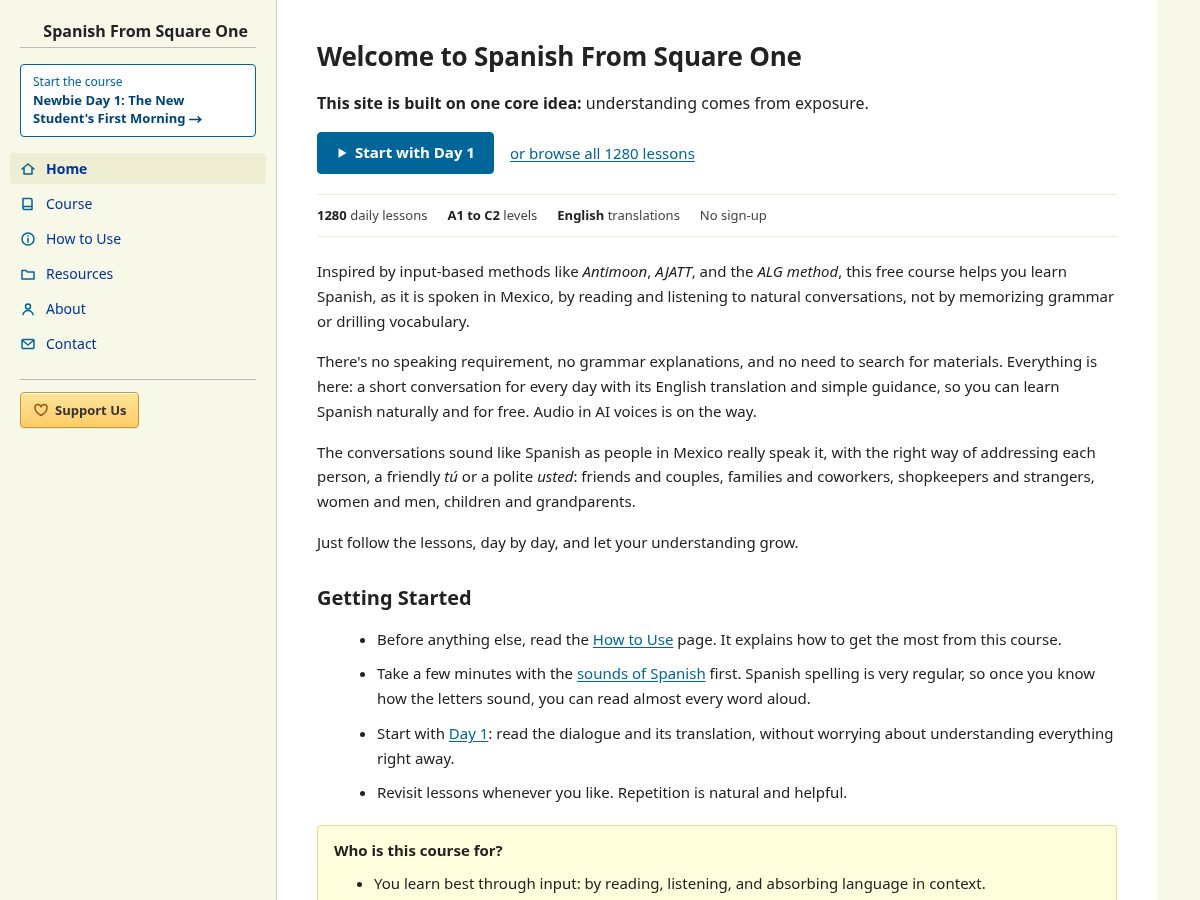 Landing-page snapshot of spanishfromsquareone.com