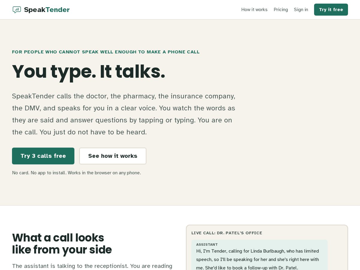 Landing-page snapshot of speaktender.com