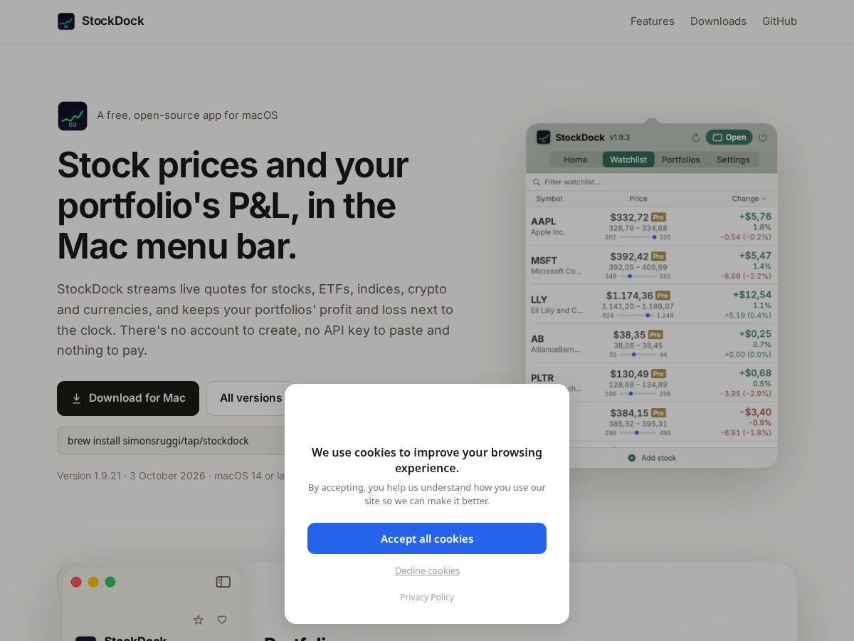Landing-page snapshot of stockdockapp.com
