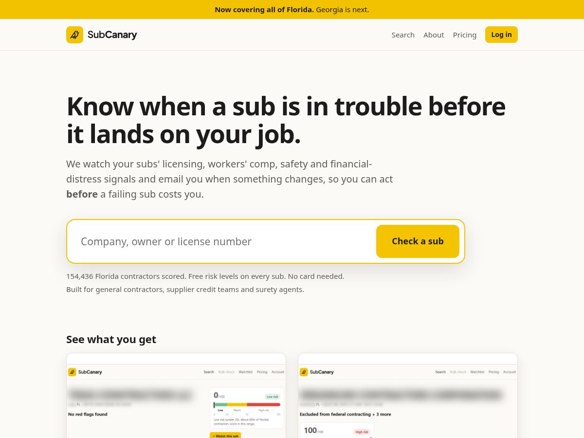 Landing-page snapshot of subcanary.com