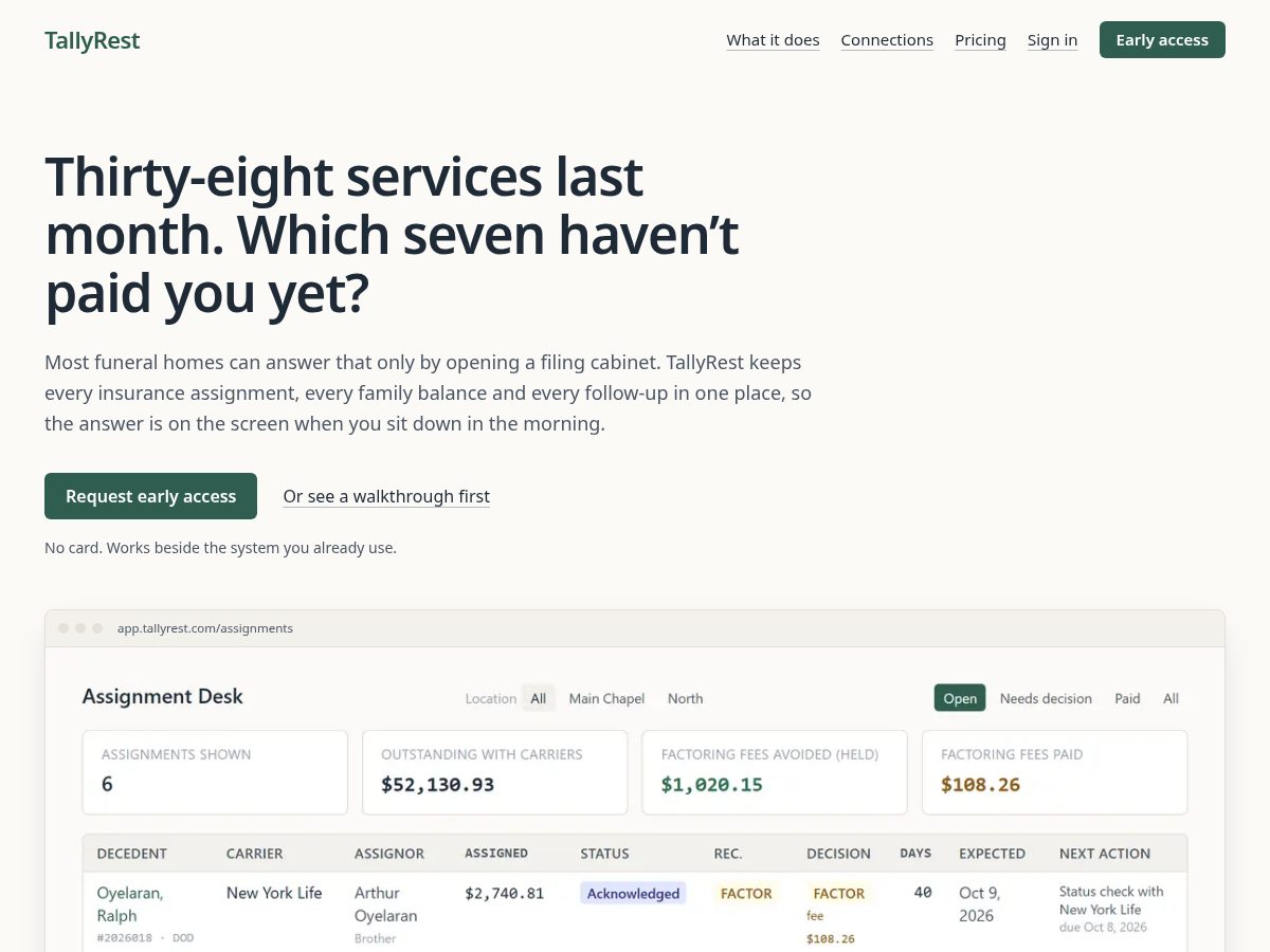 Landing-page snapshot of tallyrest.com