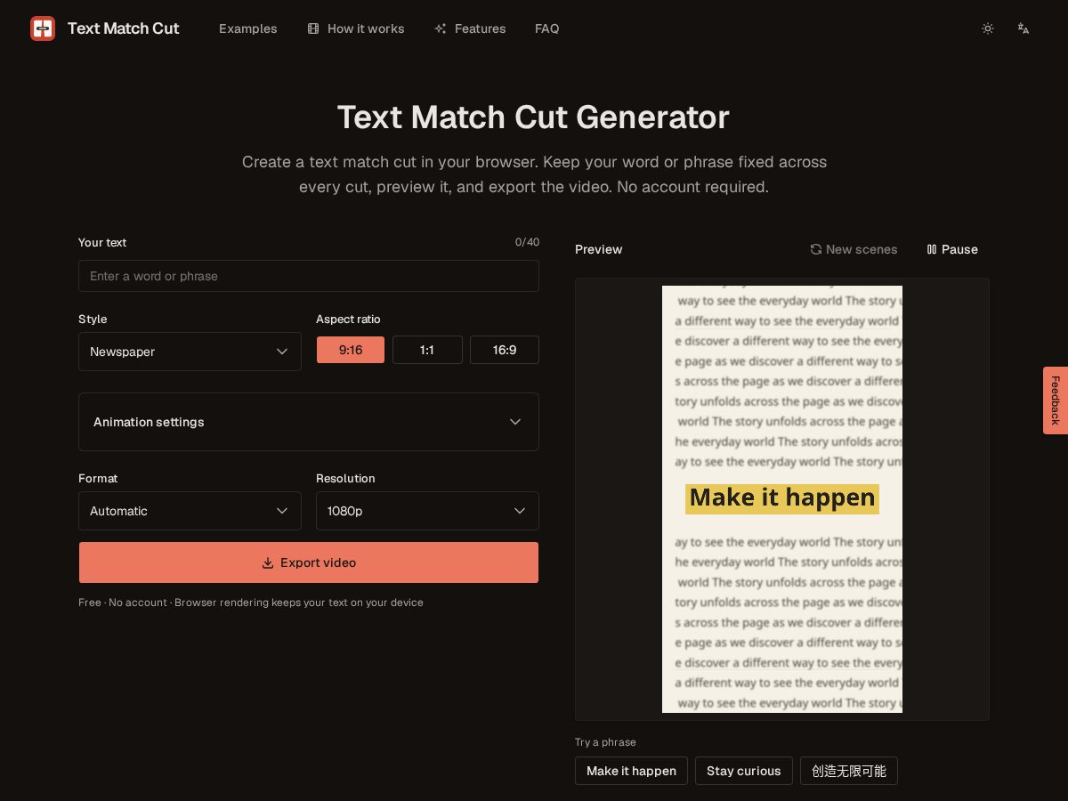 Landing-page snapshot of textmatchcut.net