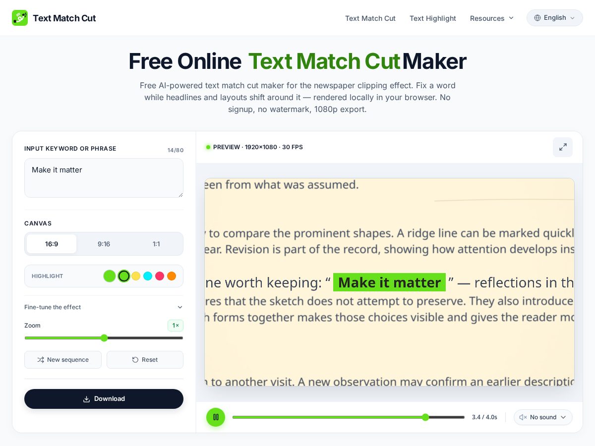 Landing-page snapshot of textmatchcut.org