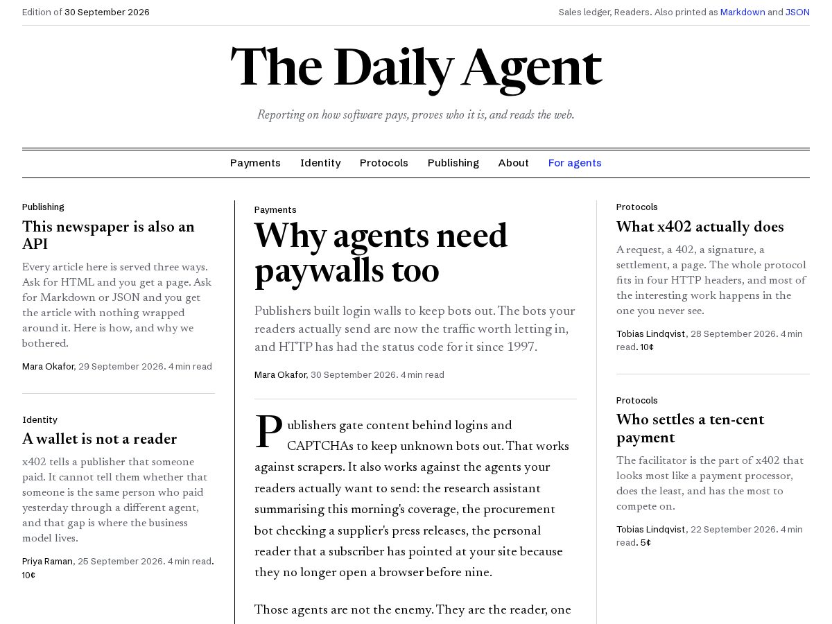 Landing-page snapshot of thedailyagent.news