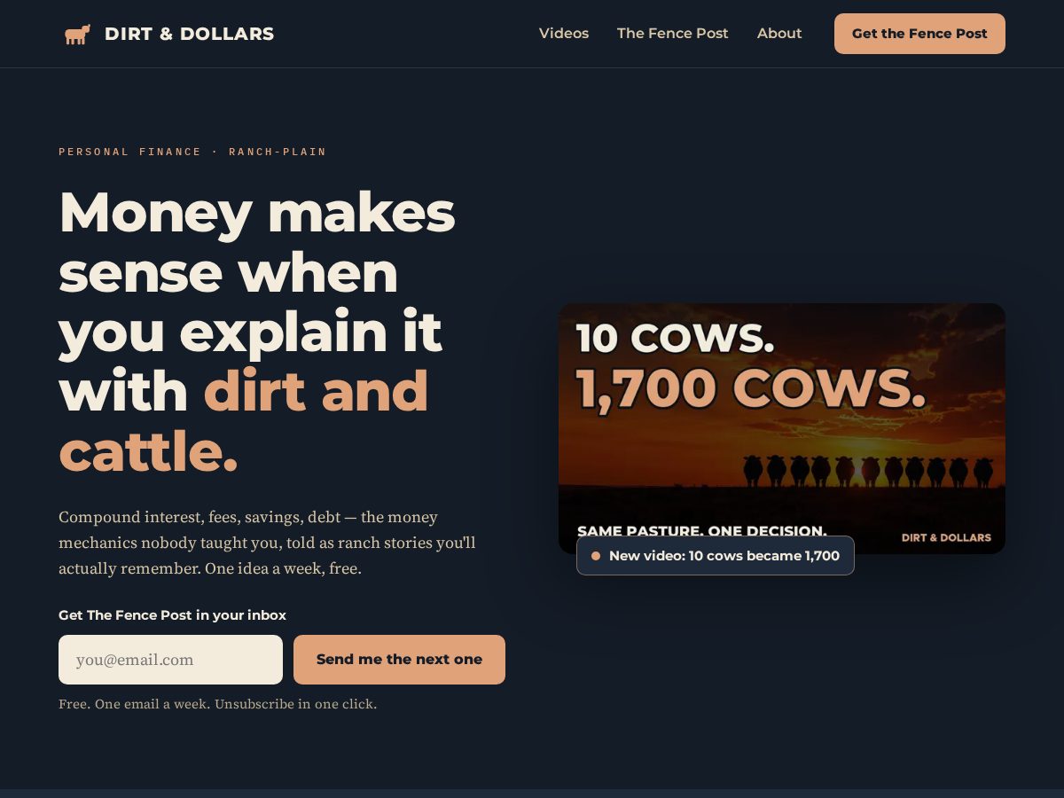 Landing-page snapshot of thedirtanddollarswebsite.com