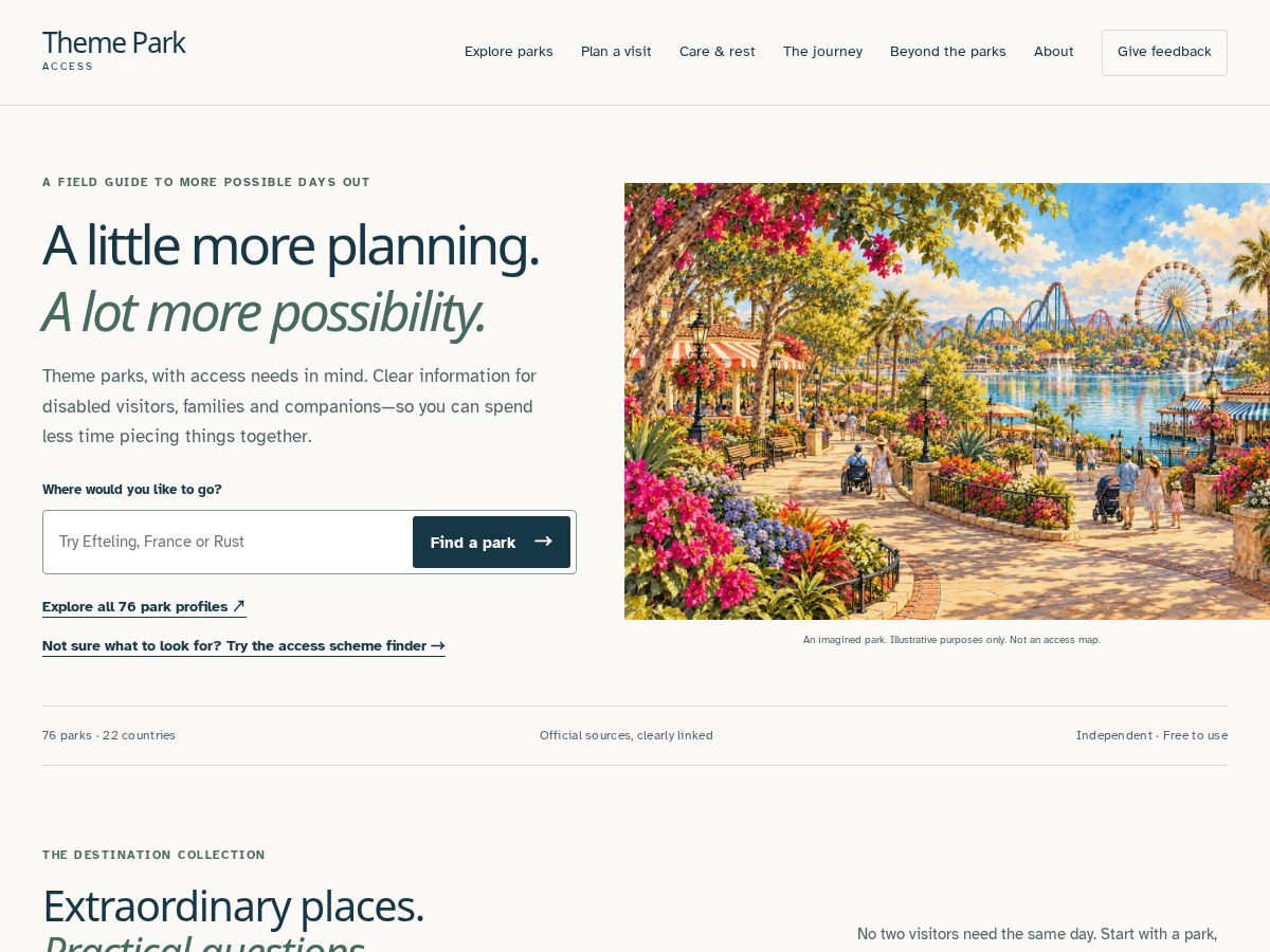 Landing-page snapshot of themeparkaccess.org