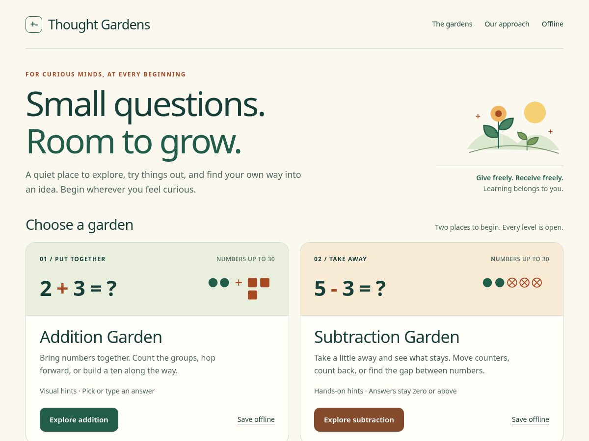 Landing-page snapshot of thoughtgardens.fyi