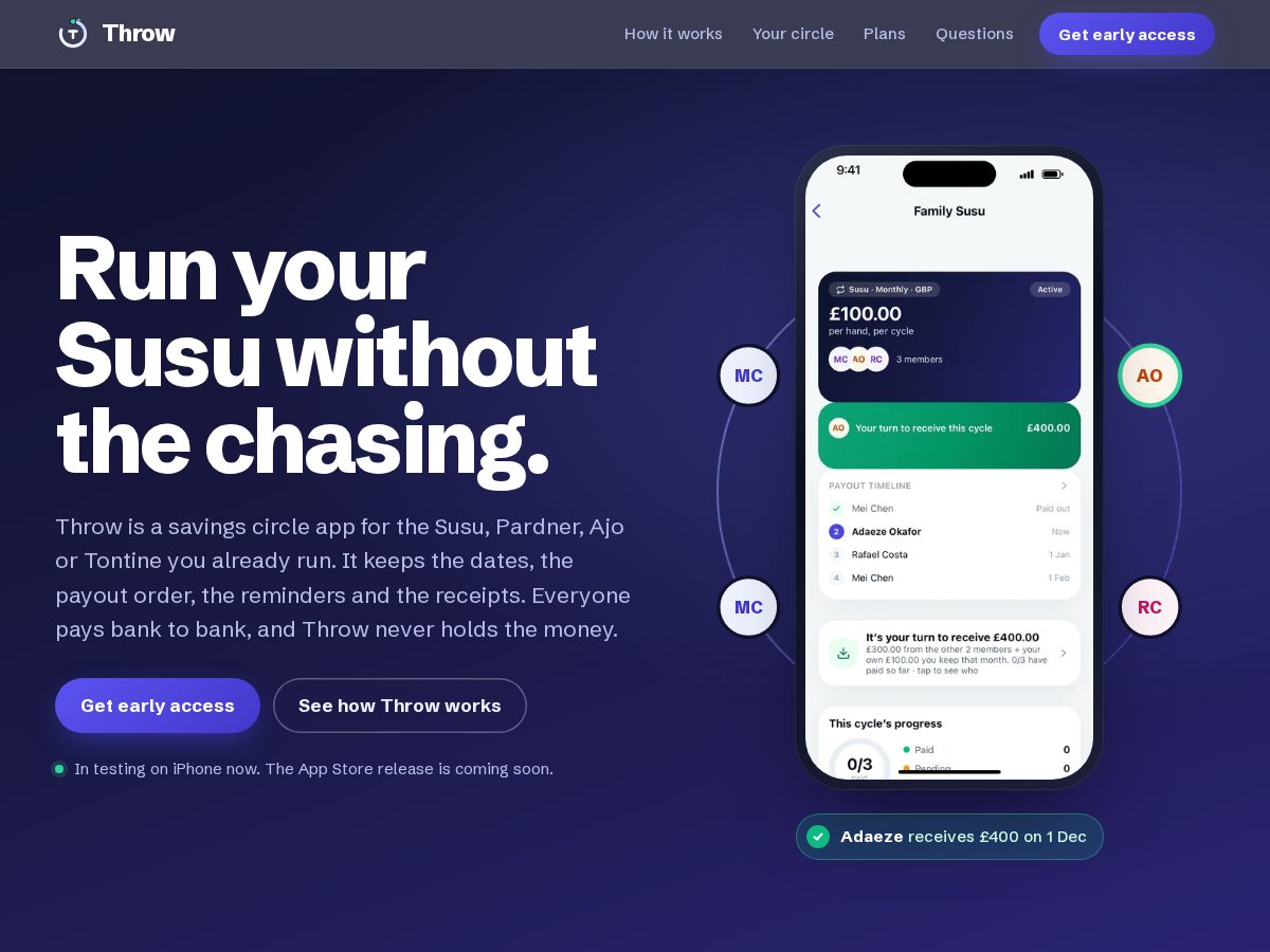 Landing-page snapshot of throw.club