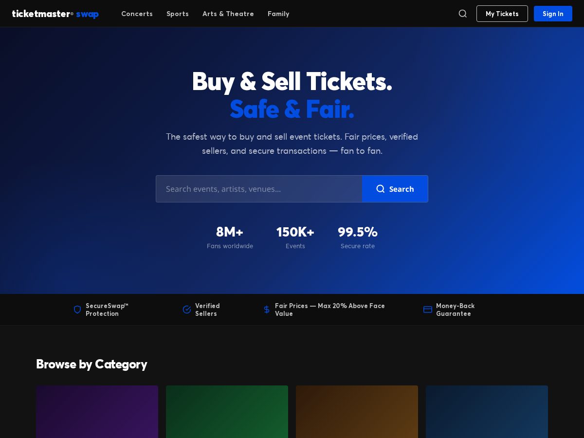 Landing-page snapshot of ticketmaster-swap.com