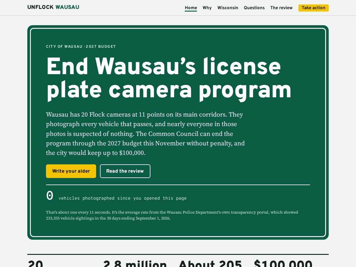 Landing-page snapshot of unflockwausau.org