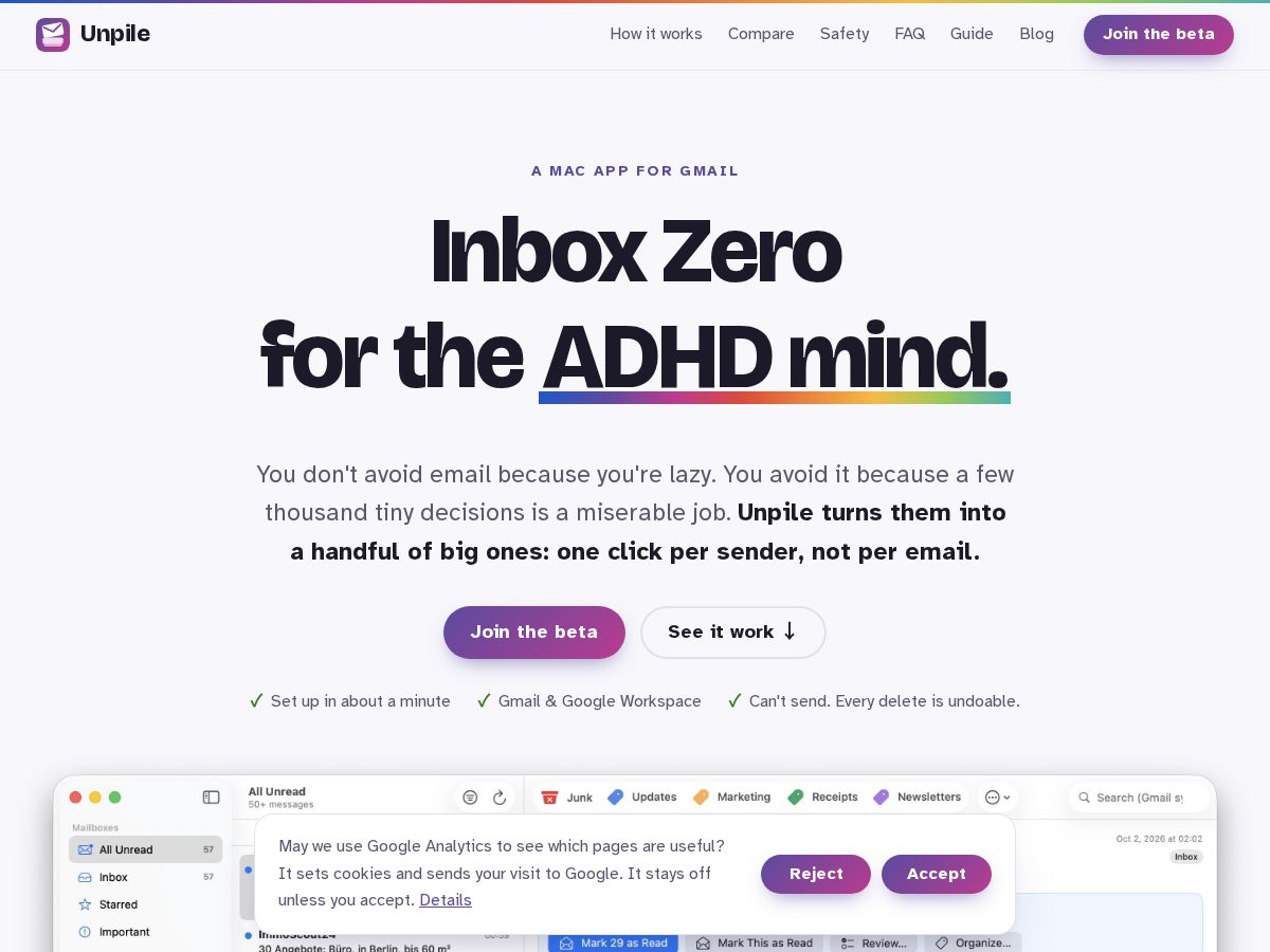 Landing-page snapshot of unpileapp.com