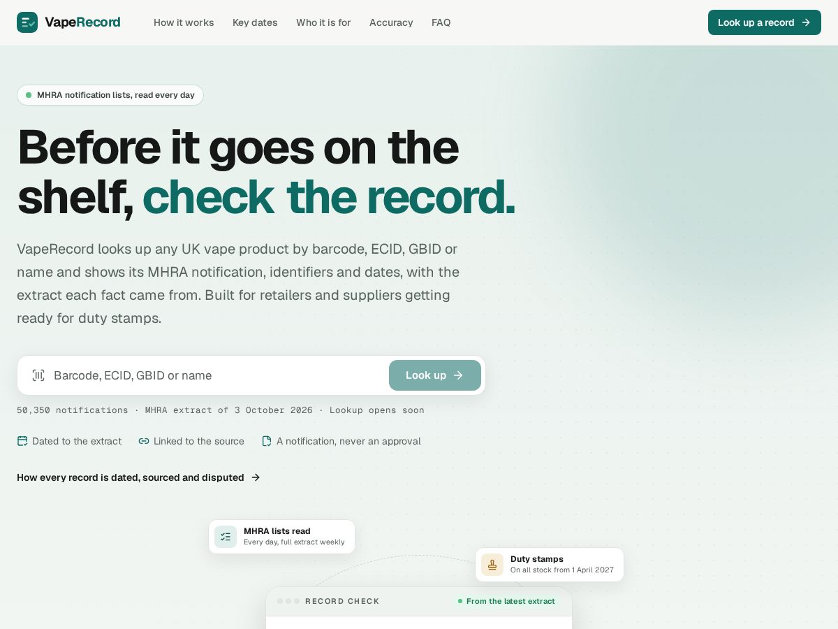 Landing-page snapshot of vaperecord.com