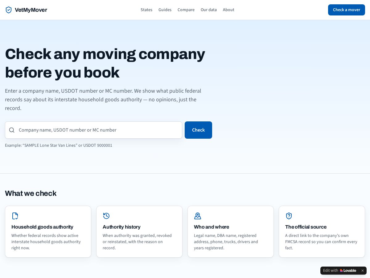 Landing-page snapshot of vetmymover.com