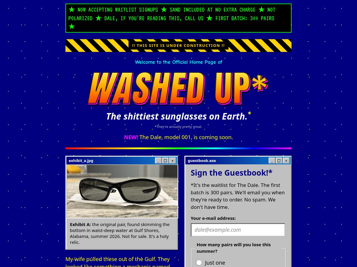 Landing-page snapshot of washedupshades.com