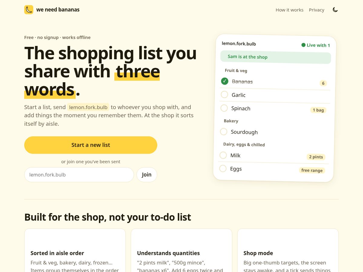 Landing-page snapshot of weneedbananas.com