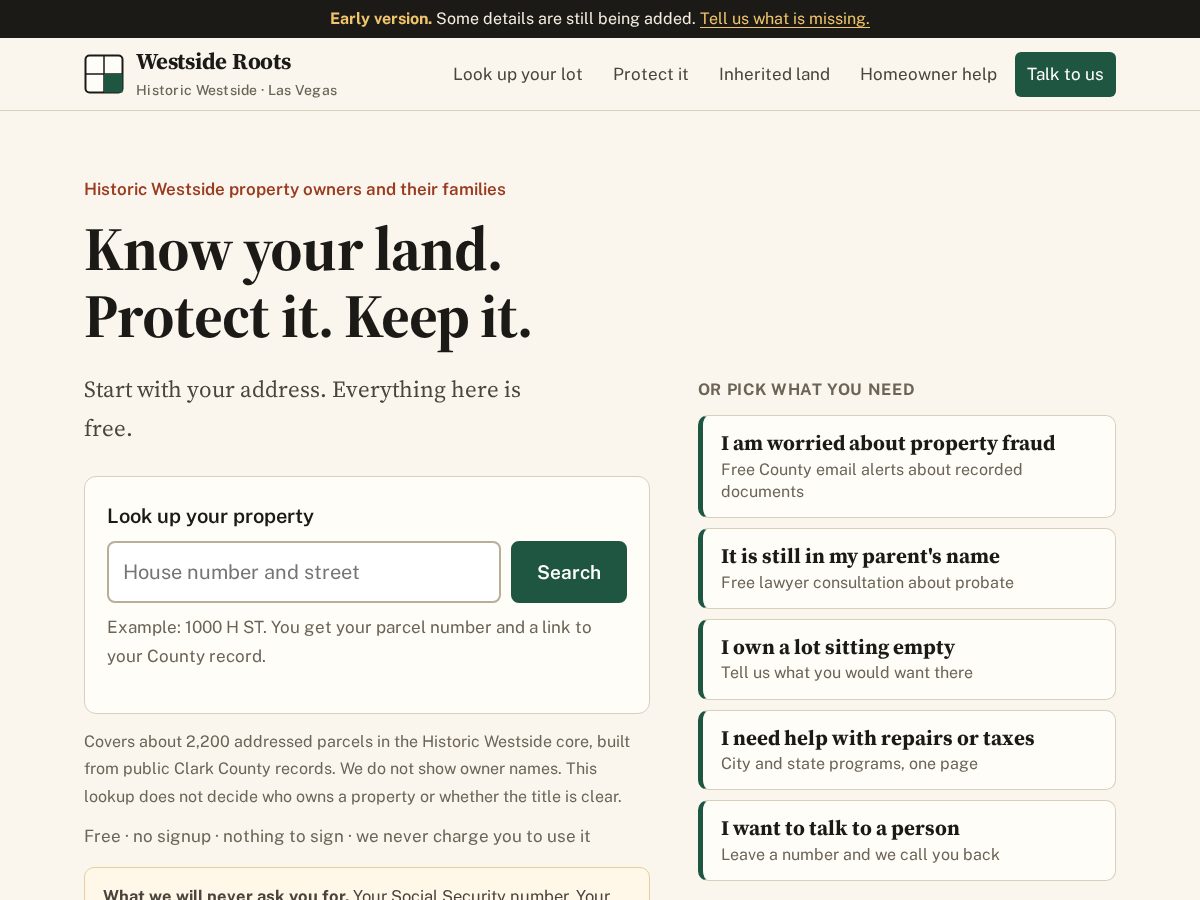 Landing-page snapshot of westsideroots.org