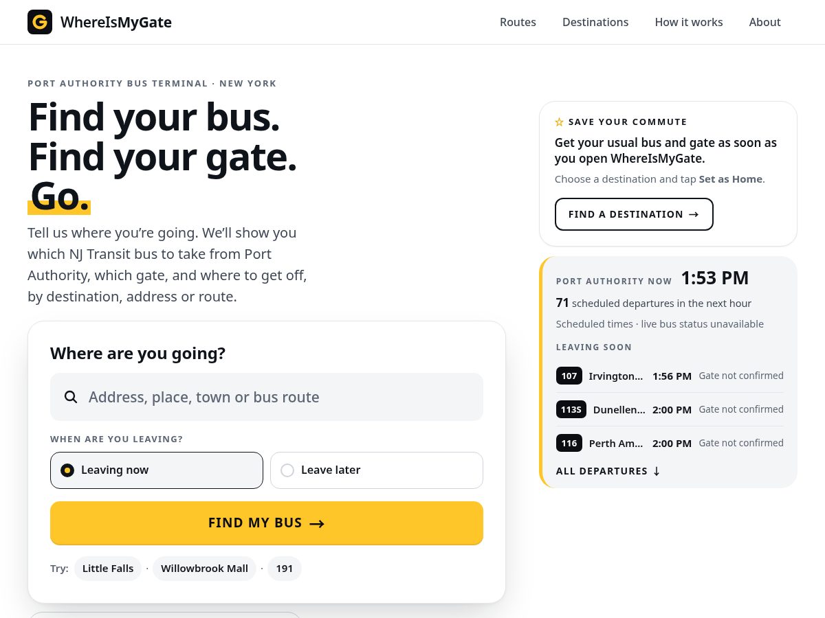 Landing-page snapshot of whereismygate.com