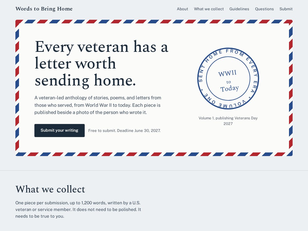 Landing-page snapshot of wordstobringhome.org