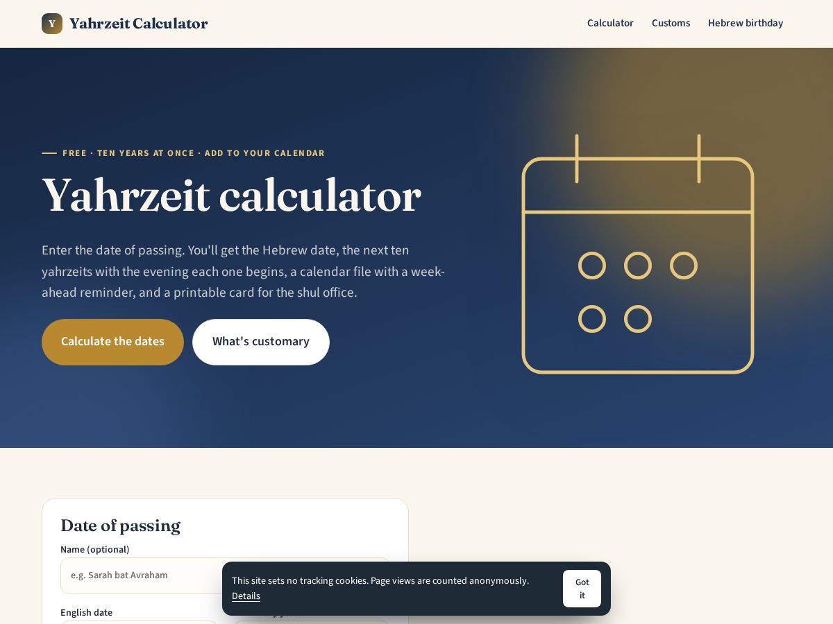 Landing-page snapshot of yahrzeitcalculator.com