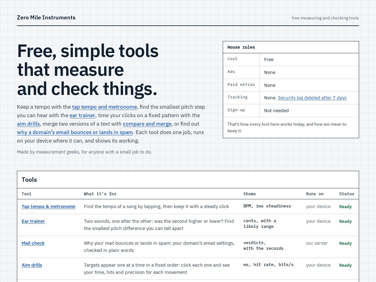 Landing-page snapshot of zeromile.tools