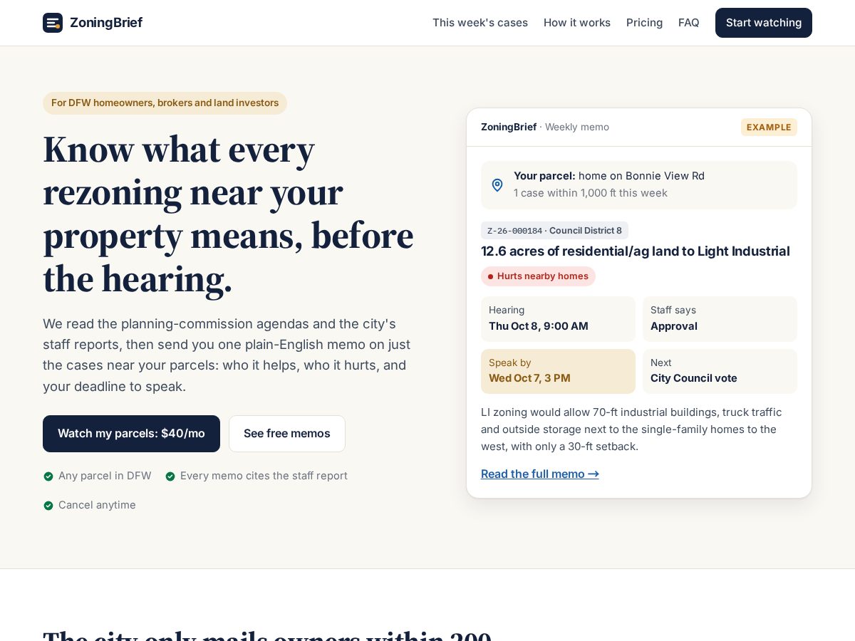 Landing-page snapshot of zoningbrief.com