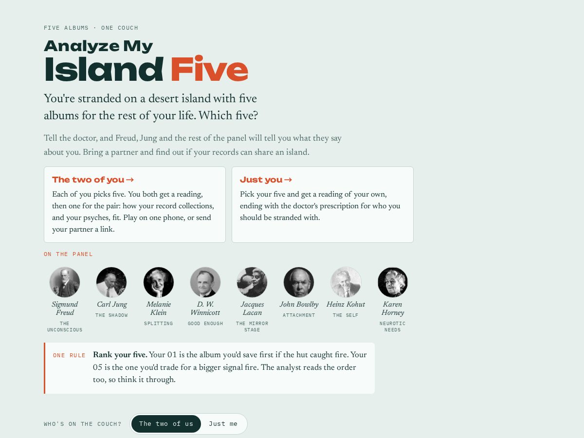 Landing-page snapshot of analyzemyislandfive.com