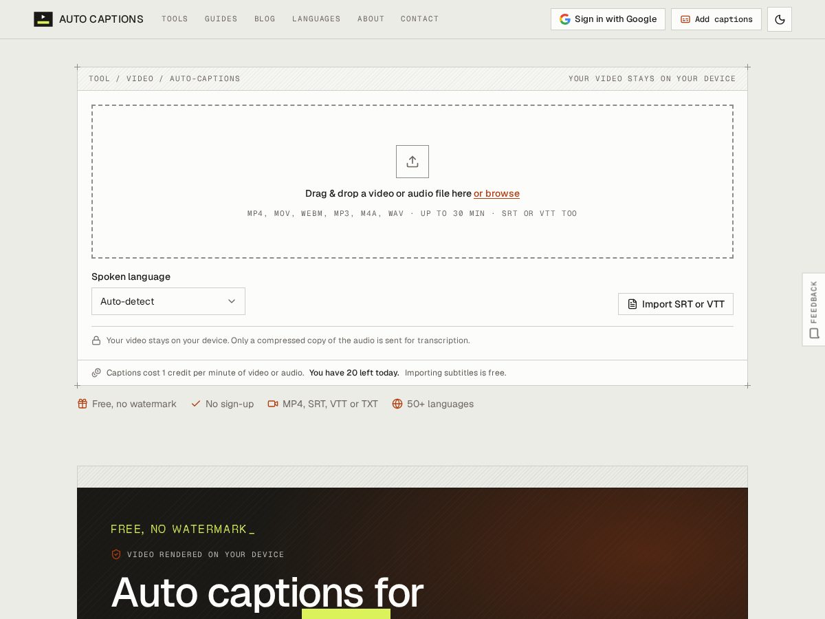 Landing-page snapshot of auto-caption.app