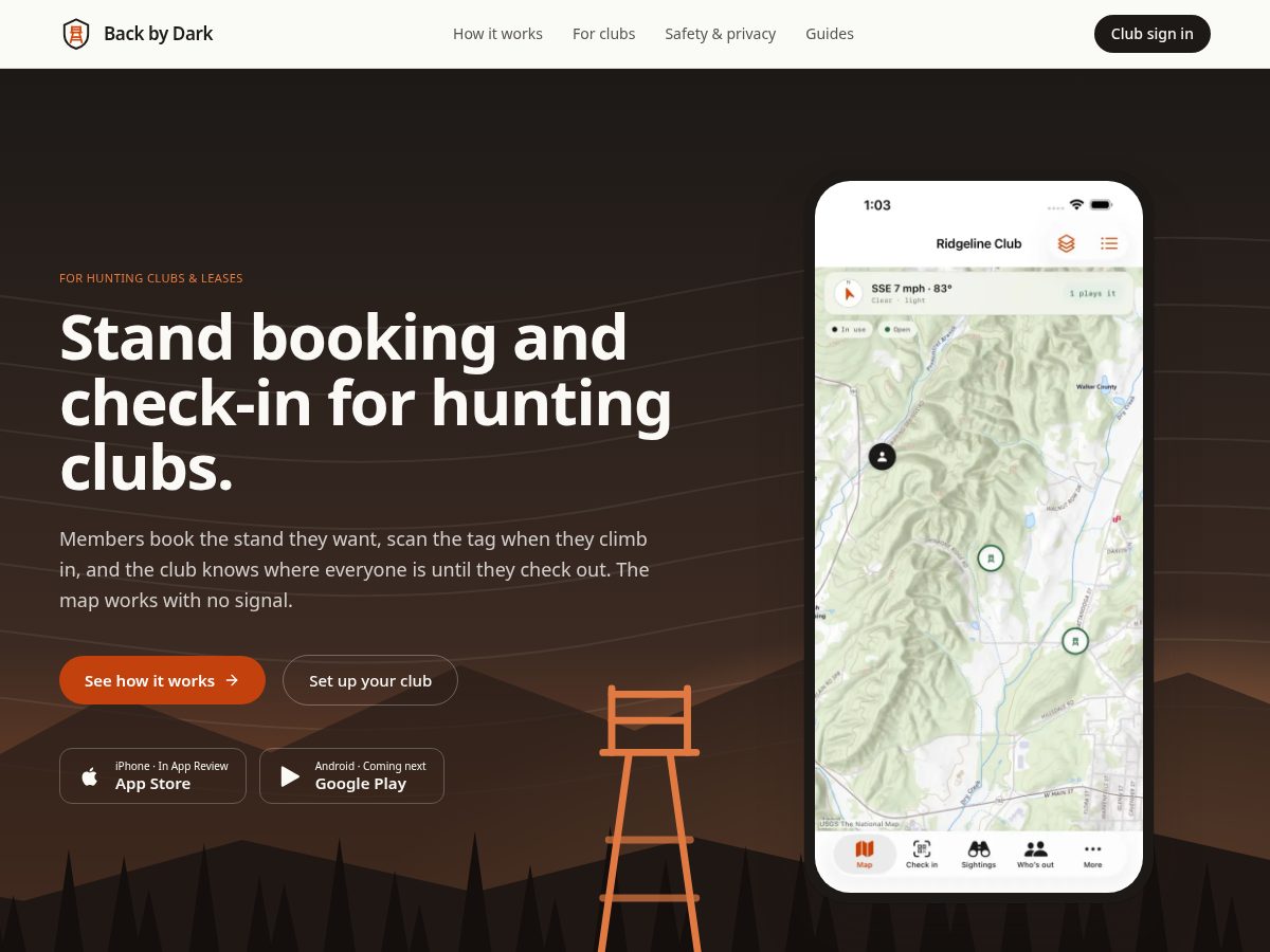Landing-page snapshot of backbydark.app