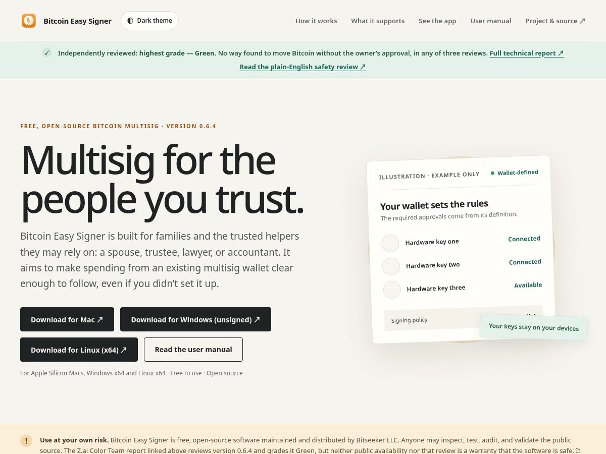 Landing-page snapshot of bitcoineasysigner.com