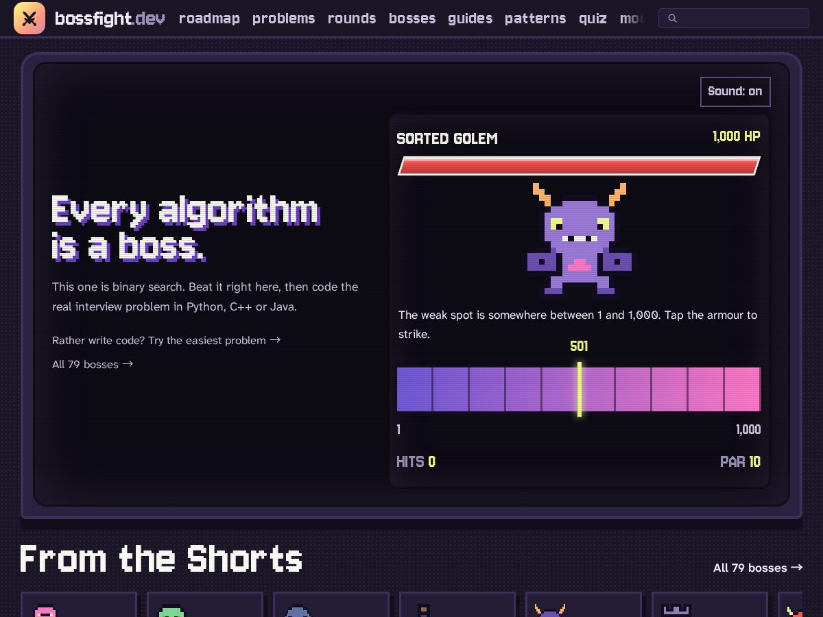 Landing-page snapshot of bossfight.dev