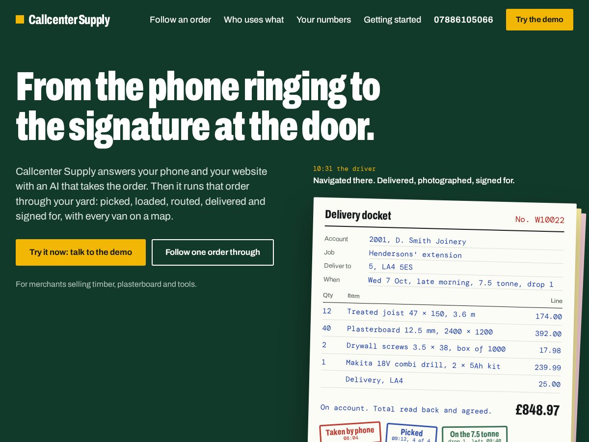Landing-page snapshot of callcenter.supply