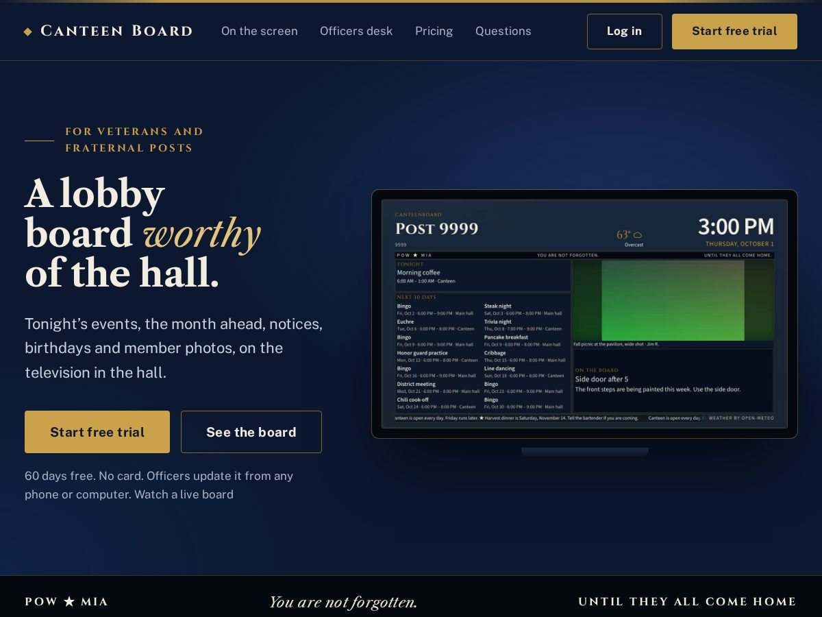 Landing-page snapshot of canteenboard.dev