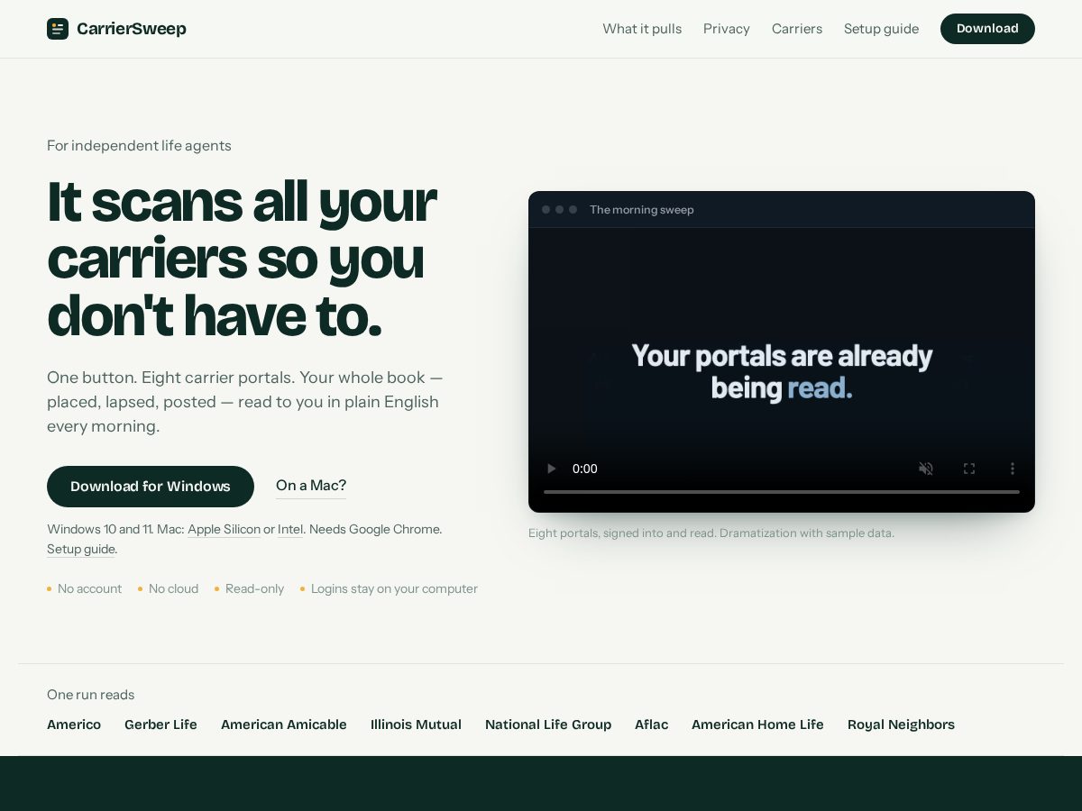 Landing-page snapshot of carriersweep.com