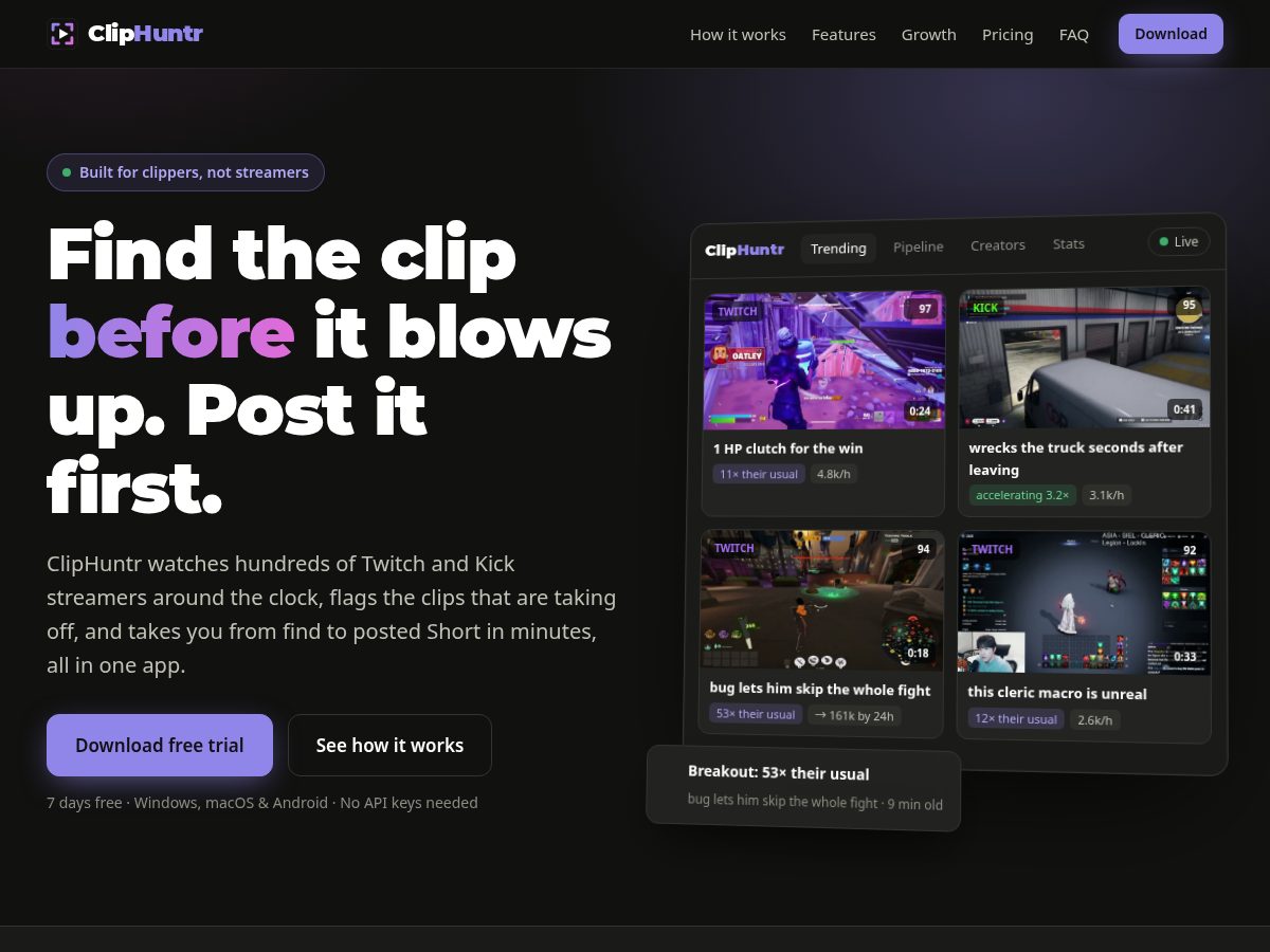 Landing-page snapshot of cliphuntr.app
