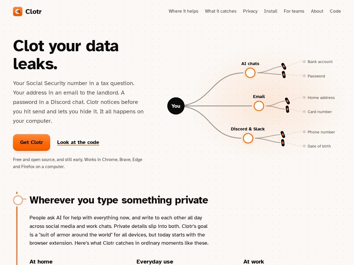 Landing-page snapshot of clotr.app